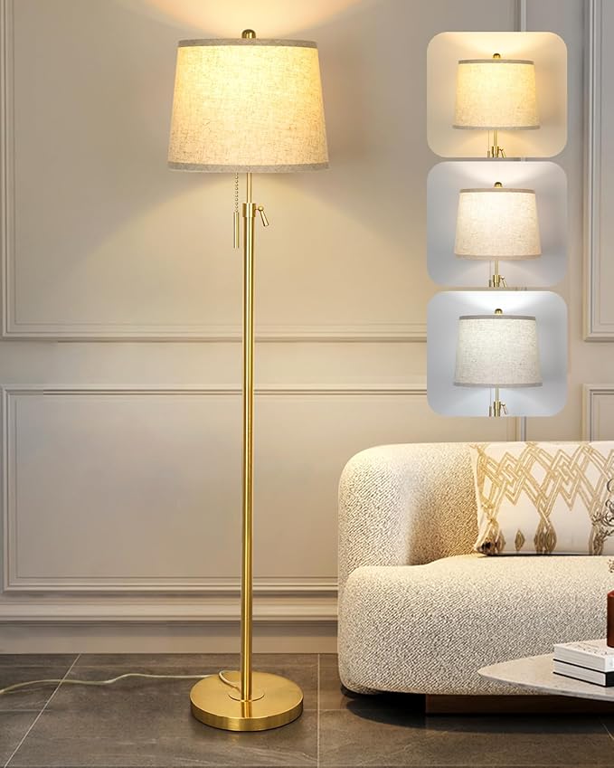 Gold Floor Lamp for Living Room 55-65" Adjustable Modern Brass Standing Lamp with Pull Chain Tall Pole Light with Beige Shade for Bedroom Reading Office Corner Nursery 9W LED Bulb Included 3 ColorTemp-HomvellaHome