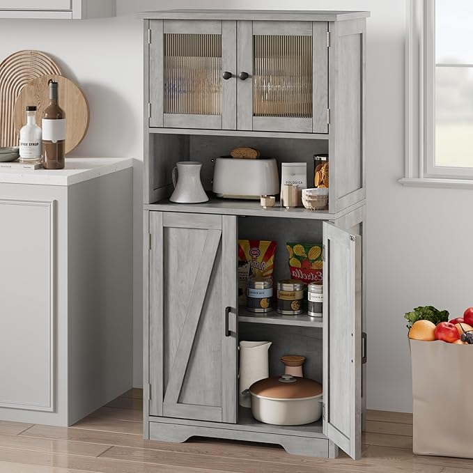 GarveeHome 54in Tall Bathroom Cabinet, Farmhouse Storage Cabinet with Glass Doors and Adjustable Shelves, Freestanding Kitchen Pantry Cabinets, Cupboard for Living Room, Dining Room, Gray-HomvellaHome