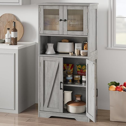 GarveeHome 54in Tall Bathroom Cabinet, Farmhouse Storage Cabinet with Glass Doors and Adjustable Shelves, Freestanding Kitchen Pantry Cabinets, Cupboard for Living Room, Dining Room, Gray-HomvellaHome