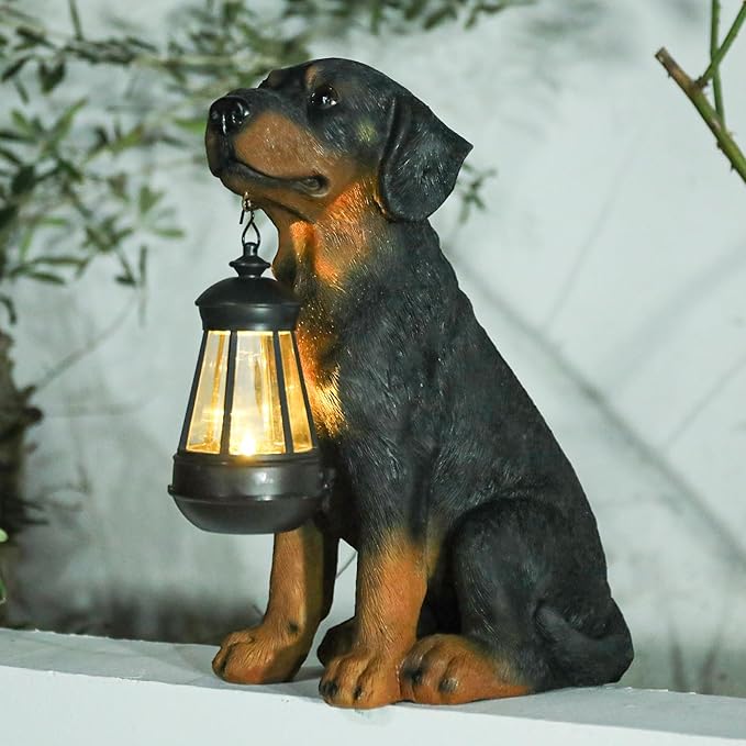 Garden Dog Statues Outdoor Decor, 13" Solar Powered LED Lights Outdoor Statue Garden Decorations Rottweiler Figurine for Patio, Lawn, Yard Art Decoration, Housewarming Garden Gift-HomvellaHome