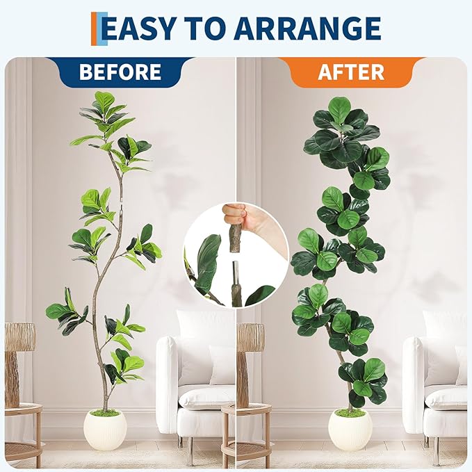GarveeHome Fiddle Leaf Fig Artificial Tree with White Planter,7ft Faux Plants Indoor with Moss, Fake Rubber Tall Fake Floor Plant in Pot - Artificial Trees for Home Office Living Room Decor-HomvellaHome