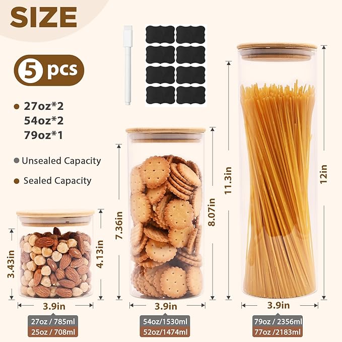 Glass Food Storage Jars, Glass Jars with Bamboo Lids, Kitchen Storage Jars, Canisters with Airtight Lids for Spice, Coffee, Cookie, Set of 5, Pantry Organizers-HomvellaHome