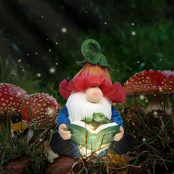 Garden Gnome Statue-Resin Gnome Figurine Hugging Turtle Reading Book with Solar LED Lights，Outdoor Summer Decorations for Patio Yard Lawn Porch,Garden Ornament Gift-HomvellaHome