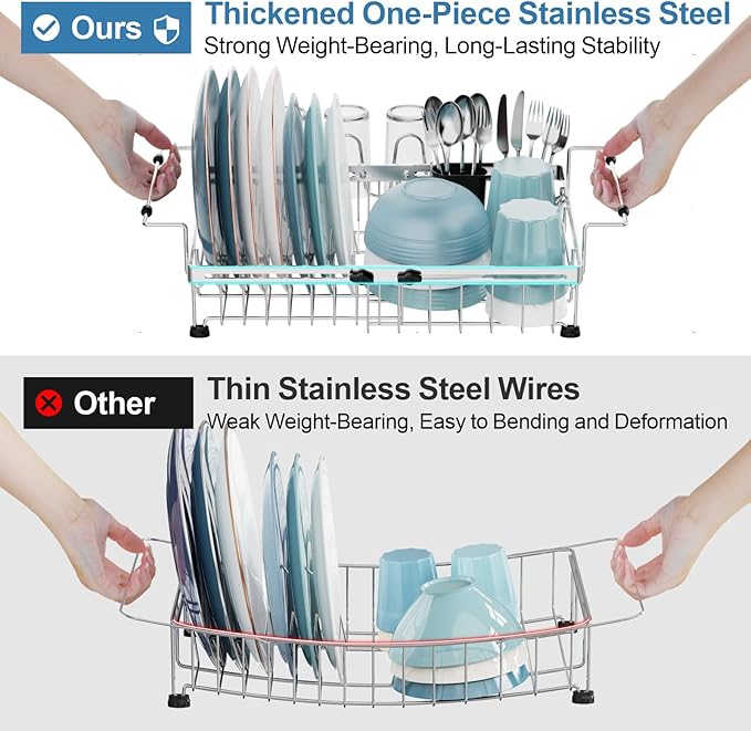 GSlife Expandable in Sink Dish Drying Rack - Capacity Adjustable Stainless Steel Over The Sink Dish Drainer with 2 Cup Holder and Utensil Holder for Kitchen Sink, 10.8"~17.9" L x 14.2" W, Silver-HomvellaHome