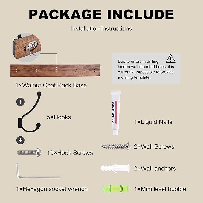 2 Pack 17.3" Small Wooden Coat Rack Wall Mounted with 5 Hooks, Entryway Wall Hooks Coat Hanger for Hanging Towel Clothes Hat Backpack Shoe Purse Key Holder Multi Hook Rail by Black Walnut Wood-HomvellaHome