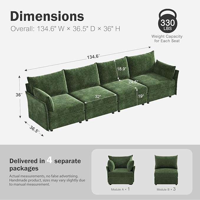 134.6" Modular Sectional Sofa, Oversized 4 Seater Green Couch with Removable Chenille Fabric Cover, Deep Seat & High Backrest for Living Room, Office & Apartment-HomvellaHome