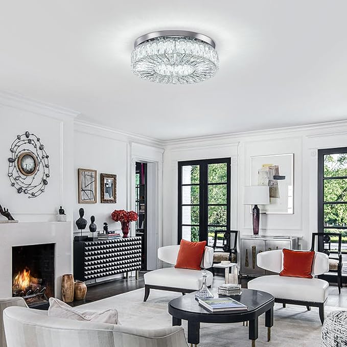 16.5" Crystal Chandelier LED Modern Flush Mount Ceiling Light Fixtures Round Ring Luxury Large Chandelier for Living Room Bedroom Dining Room Entrance (Cool white-16.5")-HomvellaHome
