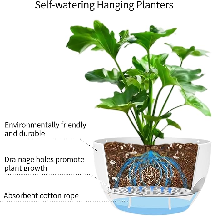 2 Pack Hanging Planters for Indoor Outdoor Plants, 8 Inch Self Watering Hanging Pot with Drainage Holes and Saucer, Plastic Plant Pots, White Flower Pots for Kitchen, Balcony, Garden-HomvellaHome