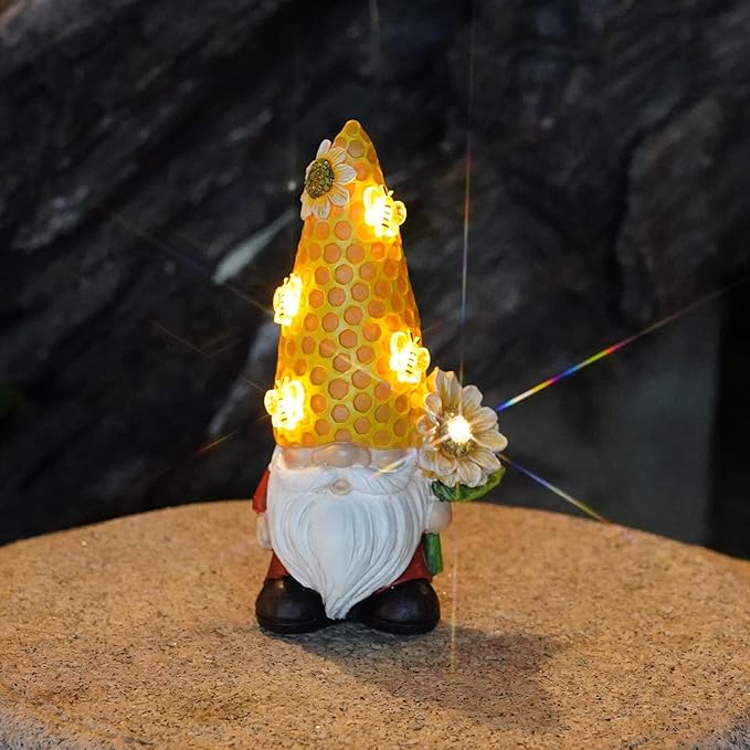 Garden Gnome Statue Solar Powered with Glowing Bees Sunflower Outdoor Funny Resin Figurine Decorations for Patio Yard Lawn Porch Housewarming Ornament Gift-HomvellaHome