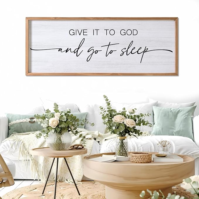 Give It to God and Go to Sleep Decorative Rustic Sign & Plaque Framed Wall Art for Couples, 40''×15'' Vintage Cottagecore Wooden Horizontal Wall Decor Above Bed, Farmhouse Wedding Gift for Bedroom-HomvellaHome