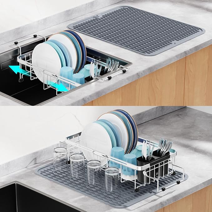 GSlife Expandable in Sink Dish Drying Rack Small with Silicone Mat - Stainless Steel Capacity Adjustable Over The Sink Dish Rack with Utensil Holder for Counter or Inside Sink (12.4" -16.8"), Silver-HomvellaHome