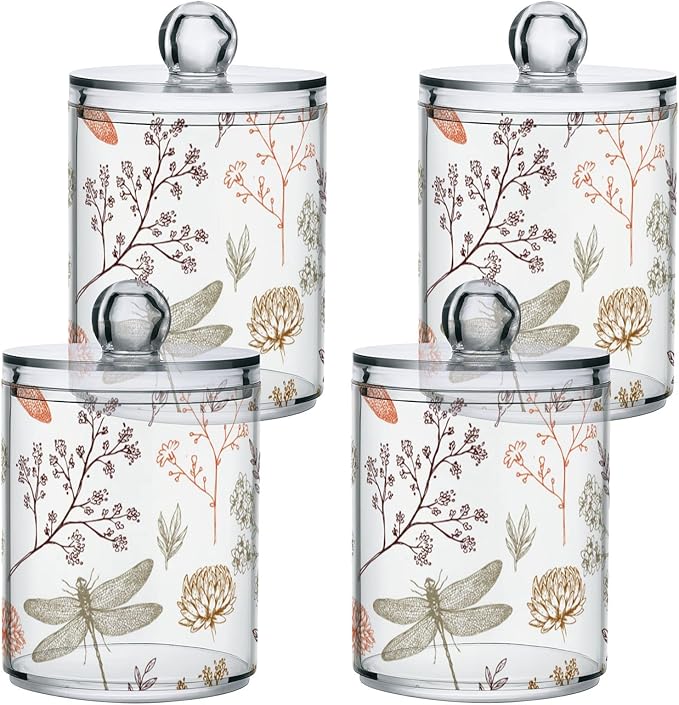 2 Pack Qtip Holder Organizer Dispenser Dragonfly Pattern Bathroom Storage Canister Cotton Ball Holder Container for Cotton Swabs/Pads/Floss-HomvellaHome