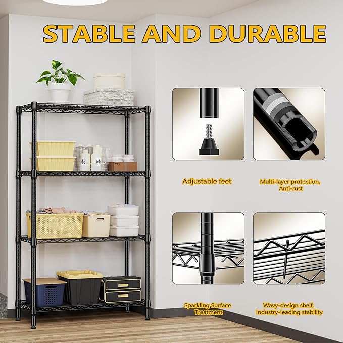 1000 lbs 4 Tier Shelf Metal Storage Shelves Shelving Wire Rack Heavy Duty Closet Organizers for Garage Kitchen Bathroom Laundry Black 15.7" D x 33.5" W x 59.5" H-HomvellaHome