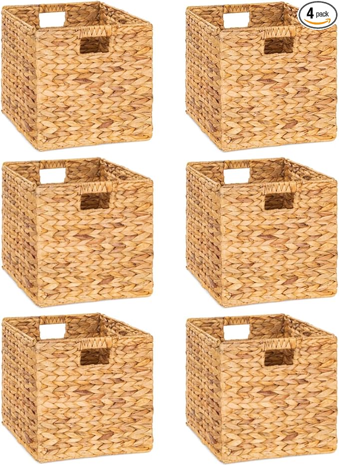 12 x 12in Water Hyacinth Storage Baskets, Wicker Storage Baskets for Shelves, Woven Baskets for Storage, Wicker Storage Basket for Bedroom, Living Room, Nursery Room (Natural 6 Packs 12x12in)-HomvellaHome