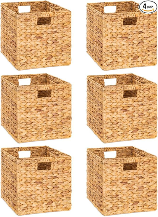 12 x 12in Water Hyacinth Storage Baskets, Wicker Storage Baskets for Shelves, Woven Baskets for Storage, Wicker Storage Basket for Bedroom, Living Room, Nursery Room (Natural 6 Packs 12x12in)-HomvellaHome