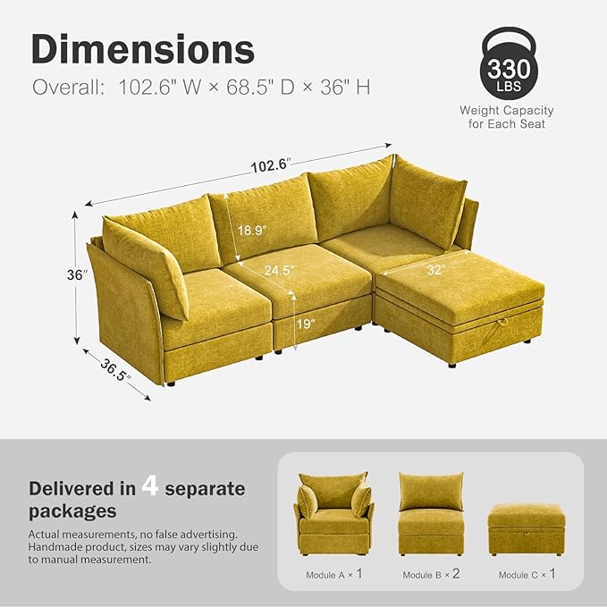 102.6" Modular Sectional Sofa, L Shaped Couch Set for Living Room, 3-Seater Comfy Cloud Couches with Movable Storage Ottoman,DIY Combination - Chenille Yellow-HomvellaHome