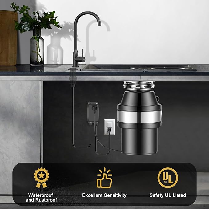 Garbage Disposal Air Switch Kit, Garbage Disposal Button, Sink Top Waste Disposer On/Off Switch, Matte Black (Stainless Steel Cover), UL Listed Air Switch Compatible with All Garbage Disposals-HomvellaHome