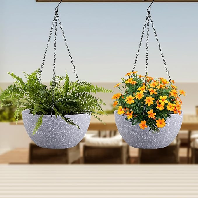 10 inch Hanging Planters for Indoor Outdoor Plants, 2 Pack Hanging Flower Pots with Drainage Holes and Chain for Garden Porch, Plastic Hanging Baskets for House Plants, Speckled Grey-HomvellaHome