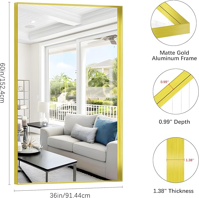 Gold Bathroom Mirror, 36x60 Inch Rectangular Deep Frame Mirror, Large Wall Mounted Bathroom Vanity Mirror Over Sink for Bedroom,Restroom, Living Room, Hangs Vertically or Horizontally-HomvellaHome