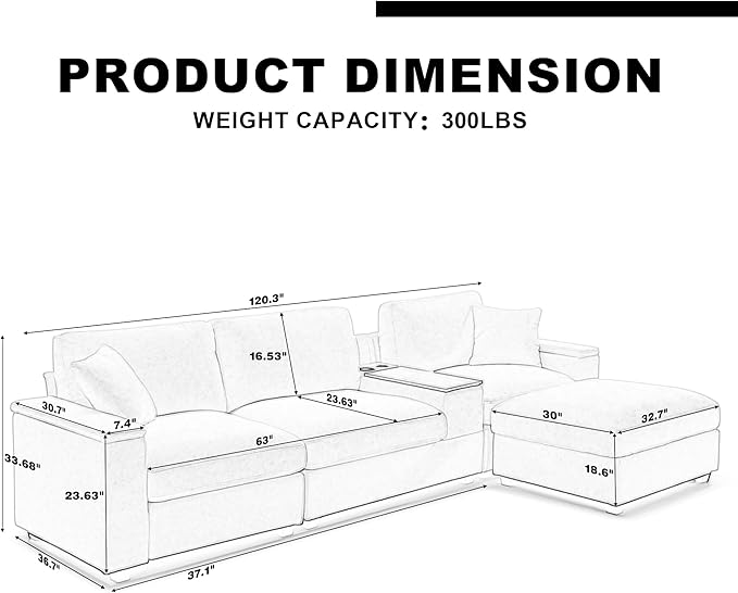 120.3" Modern L-Shaped Sectional Sofa with 360°Swivel Drop-Down Table, Storage Armrest, USB Ports & Movable Storage Ottoman – Plush Linen Cloud Couch for Lounge (Black)-HomvellaHome