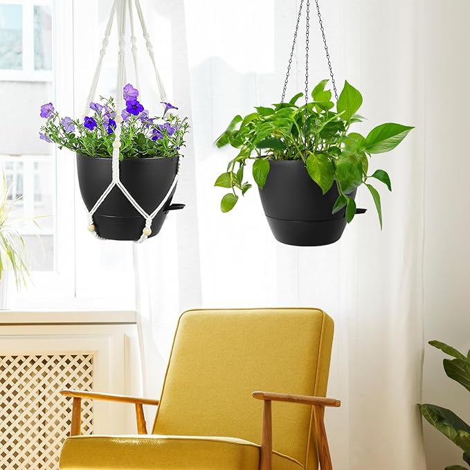 10 inch Self Watering Hanging Planters, 2 Pack Hanging Baskets for Indoor Outdoor Plants, Hanging Flower Pots with Drainage Holes & 2 Kinds of Plant Hangers for Garden Home Decor, Black-HomvellaHome