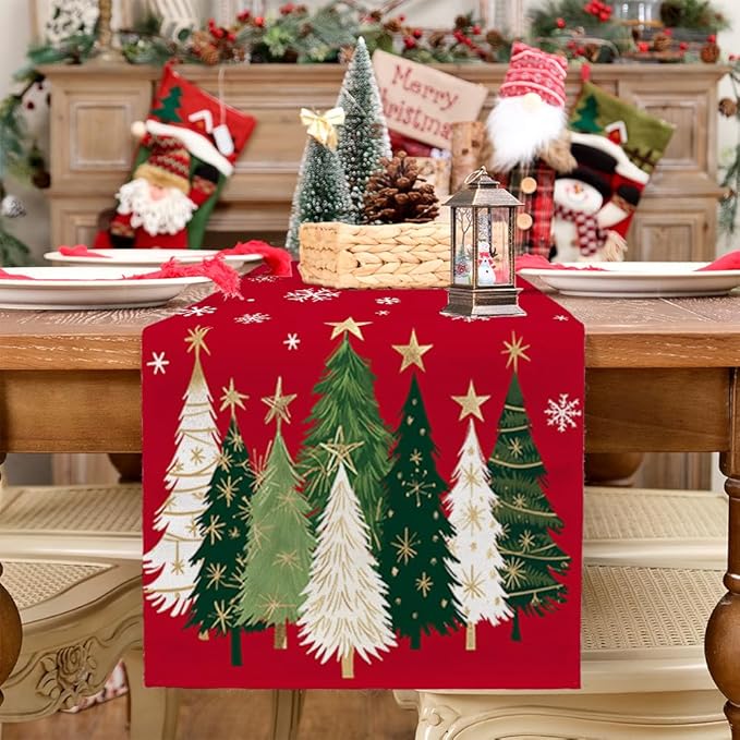 GEEORY Christmas Table Runner 13x108 Inch, Xmas Trees Snowflakes Holiday Decorative Farmhouse Table Decoration for Kitchen Dinning, Indoor Outdoor Dinner Party Decor (Red) GT150-108-HomvellaHome