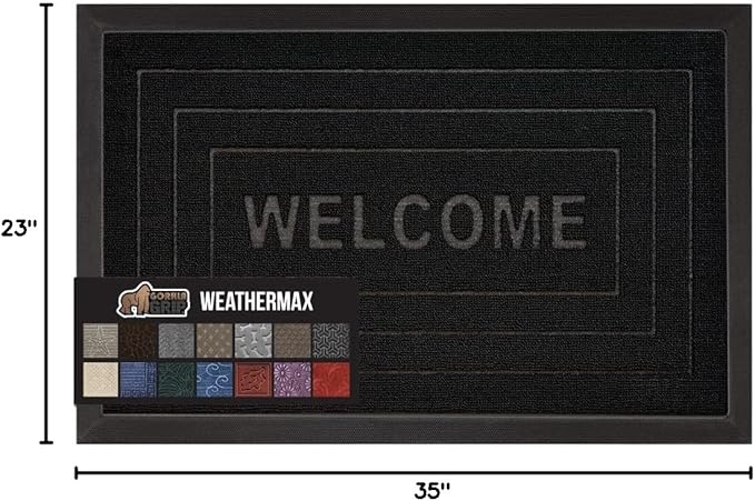 GORILLA GRIP 100% Waterproof All-Season WeatherMax Doormat 35x23, US Designed Natural Rubber, Stain and Fade Resistant, Low Profile Indoor Outdoor Door Mats, Easy Clean Patio Mat, Black Welcome-HomvellaHome