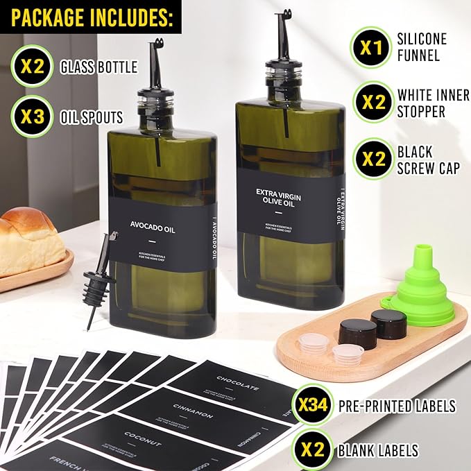 Glass Multi-Purpose Kitchen Dispenser Set | Universal for Olive Oil, Vinegar, Soy Sauce, and Syrup with Stainless Steel Pourers,2-Pack Dark Green,Avoid Sunlight-HomvellaHome