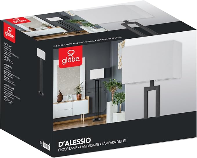 GLOBE Electric 67046 58" Floor Lamp, Matte Black Finish, White Linen Rectangular Shade, Modern Geometric Cutout Design, E26 Base-HomvellaHome