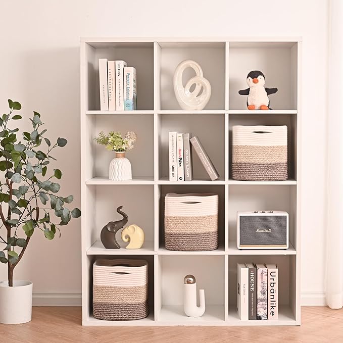 11 Inch Cube Storage Bins, Storage Cube Organizer Bins, Woven Cotton Rope Baskets for Storage, Storage Basket for Organizing Shelves, Square Baskets for Toys, Gradient Brown (Pack of 3)-HomvellaHome