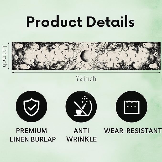 GPGHE Halloween Table Runner Black Ghost Holiday Burlap Table Decoration Indoor Outdoor Home Decor Party Supply 13 x 72 Inch-HomvellaHome