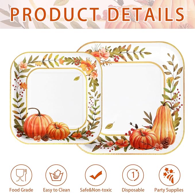 Grencian 200Pcs Fall Plates and Napkins Thanksgiving Plates Pumpkin Flower Wreath Plate Disposable Pumpkin Tableware Fall Party Supplies for Autumn Harvest Thanksgiving Party Decorations, Serves 50-HomvellaHome