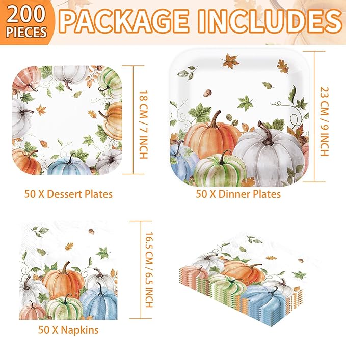 Grencian 200Pcs Fall Plates and Napkins Square Autumn Pumpkin Plates Thanksgiving Paper Platter Tableware Sets for Thanksgiving Harvest Party Decorations, Serves 50-HomvellaHome