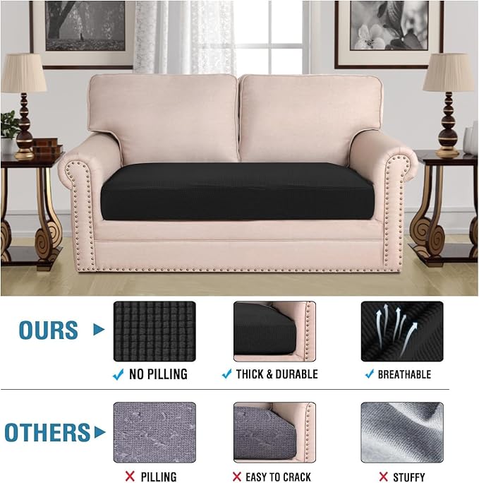 H.VERSAILTEX Super Stretch Individual Seat Cushion Covers Sofa Covers Couch Cushion Covers Slipcover Sets Thick Jacquard Textured Twill Fabric (1 Piece Loveseat Cushion Cover, Black)-HomvellaHome