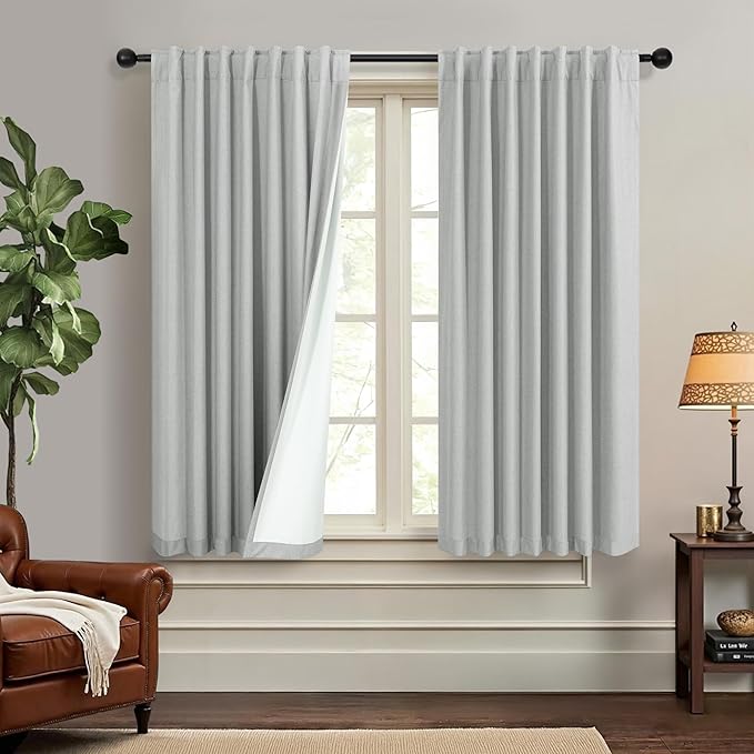 Grey Short Small Window Room Darkening Curtains 54 Inches Long 2 Panel for Bedroom Basement Boho Linen Soundproof Blackout Gray Thermal Curtains for Winter Insulated Drapes Cafe Back Tab 52x54 Length-HomvellaHome