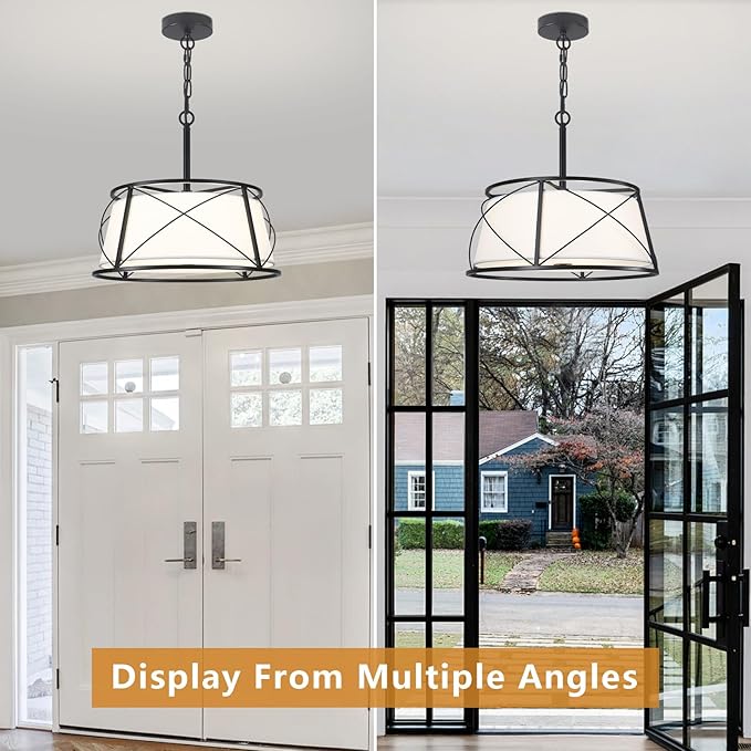 15.7" Black Drum Chandelier,3-Light Modern Farmhouse Chandelier,White Fabric Drum Shade Pendant Light Fixture for Dining Room Kitchen Island Bedroom Entryway-HomvellaHome