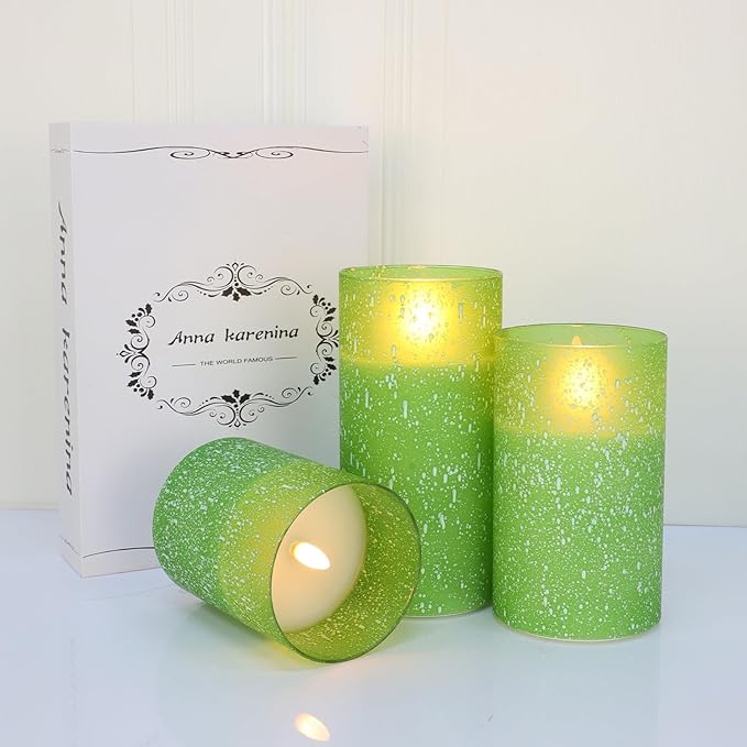 Green Flameless Candles with Remote, Glass LED Pillar Battery Operated Candles with Timer, Flickering Decorative Lights for Home Weddings Holidays Gift Set of 3-HomvellaHome