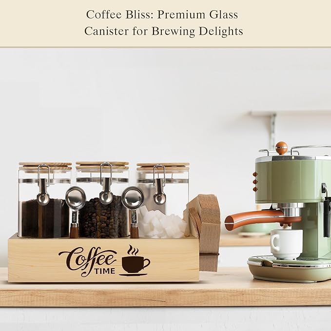 Glass Coffee Canister Set with Shelf & Spoons 3 Piece Coffee Containers for Ground Coffee Coffee Bean Storage Airtight Seal, Coffee Bar Coffee Filter Holder for Kitchen Organization-HomvellaHome