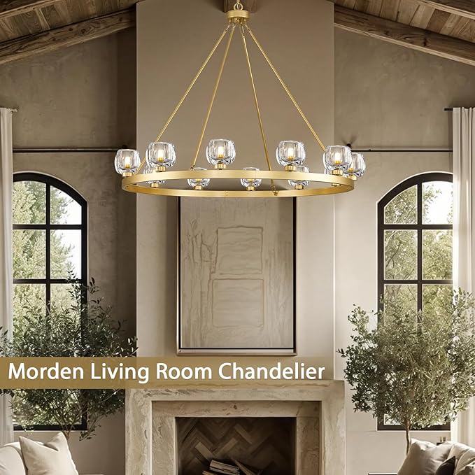 Gold Wagon Wheel Chandelier, 59 Inch Brass Chandeliers with Unique Glass Shade, 15-Light Crystal Large Wagon Wheel Chandeliers for Dining Room, High Ceiling Round Chandelier for Living Room, Foyer-HomvellaHome