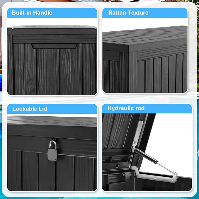 180 Gallon Outdoor Deck Box,Storage Lockable Waterproof Patio Furniture,Garden Tools,Cushions,Pool Accessories Outside Storage Resin Box(Black)-HomvellaHome