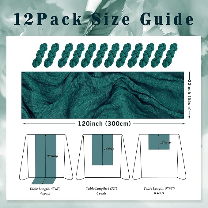 12 Pack Teal 10FT Cheesecloth Table Runner Rustic Gauze Cheese Cloth Table Runner for Wedding Bridal Baby Shower Table Decorations Boho Fabric Sheer Birthday Party Table Decor 20 x 120 Inch Long-HomvellaHome