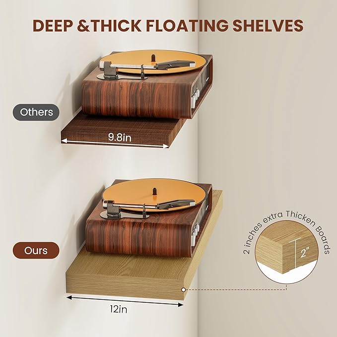 12 Inch Deep Floating Shelves 36 inch Long, 36 x 12 Wide Wall Shelves with Invisible Brackets, Heavy Duty Shelf for Bedroom Bathroom Living Room Kitchen Office Home Decor, Modern Shelf Set of 2, Oak-HomvellaHome