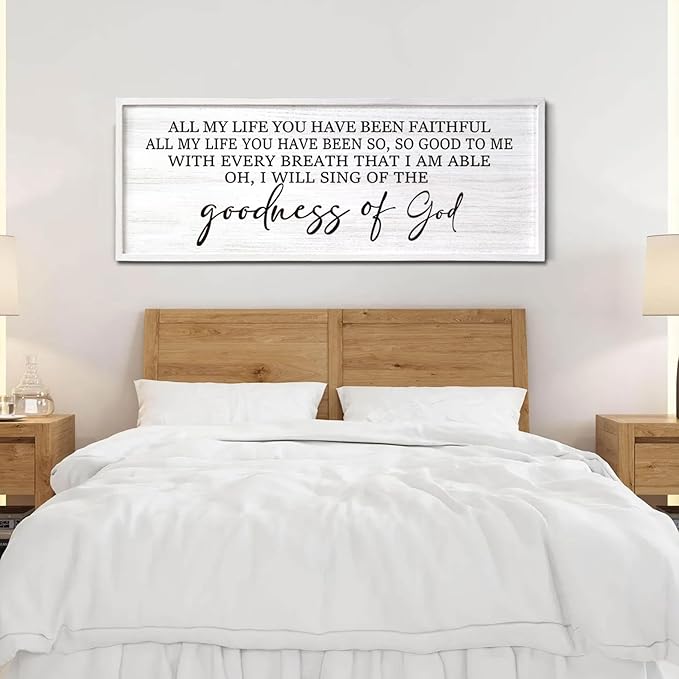 Goodness of God Framed Wall Art, 40''×15'' Positive Religious White Bible Verse for Christian God Jesus Christ Prayer, Vintage Rustic Long Holy Catholic Scripture Decor-HomvellaHome
