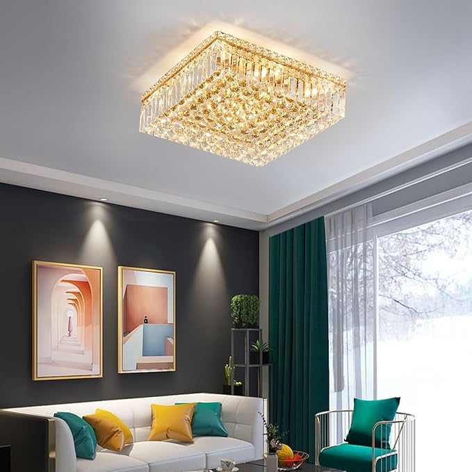 12-Lights Gold Crystal Flush Mount Ceiling Light Fixtures,Elegant Crystal Chandelier Pendant Ceiling Lamp for Bedroom,Living Room,Dining Room,Hallway H5.9 x W20 x L20 (Bulb Not Included) Square-HomvellaHome