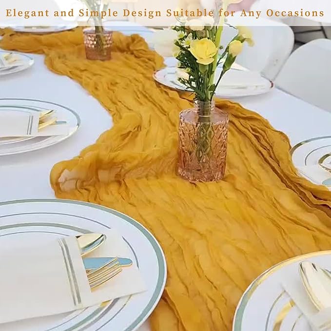 12 Pack Mustard 10FT Cheesecloth Table Runner Rustic Gauze Fabric Cheese Cloth Table Runner for Wedding Bridal Baby Shower Table Decor Boho Sheer Birthday Party Table Decorations 20 x 120 Inch Long-HomvellaHome