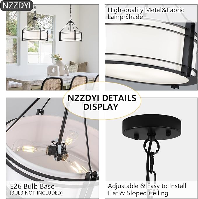 16.3''Black Drum Chandelier 3-Light Modern Farmhouse Chandelier with White Fabric Shade Adjustable Drum Pendant Light Fixture for Dining Room Kitchen Island Hallway Living Bedroom-HomvellaHome