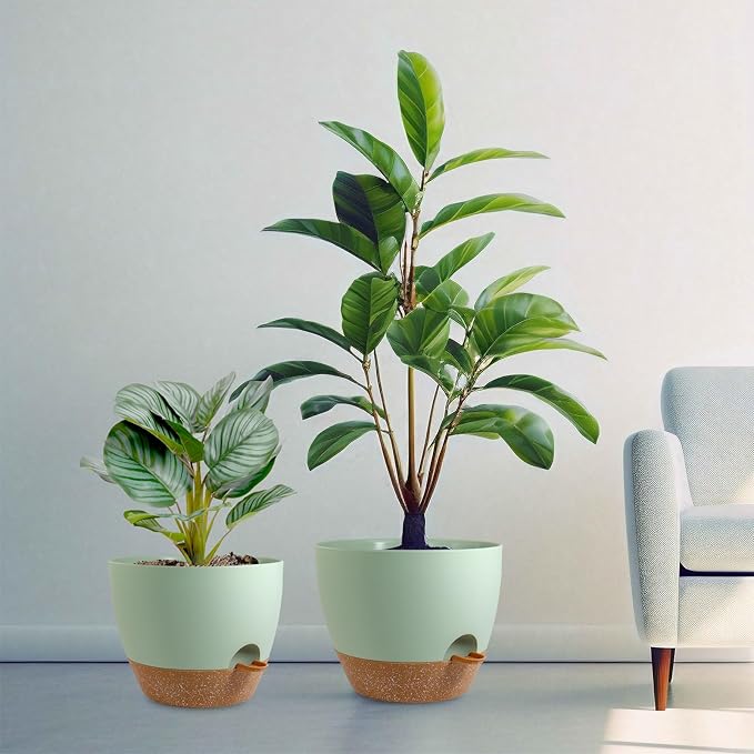 10/9/8 inch Self Watering Pots, Planter, Plant Pots with Mesh Drainage Holes for Indoor Outdoor Garden Plants, Plastic Flower Pots with Deep Reservoir for House Plants, Green with Brown-HomvellaHome