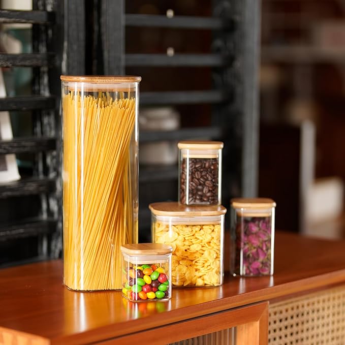 Glass Food Storage Jars Square 51oz, 3 Pack Glass Jars With Bamboo Lids, Kitchen Storage Containers For Spice, Candy, Cookie, Storage For Pantry Organizers-HomvellaHome
