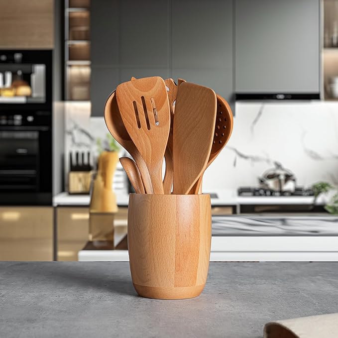 11 PCS WOSPONFAN Kitchen Utensils Set - Wooden Spoons for Cooking, Natural Beech Wood Wooden Utensils - Includes Wooden Spoons, Spatula Set, Slotted Spoon - Handmade Wooden Spoon Set-HomvellaHome