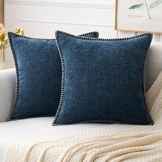 MIULEE Pack of 2 Couch Throw Pillow Covers 18x18 Inch Coastal Navy Blue Farmhouse Decorative Pillow Covers with Stitched Edge Soft Chenille Solid Dyed Spring Pillow Covers for Sofa Bed Living Room